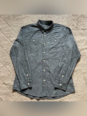 Guess Chambray Button Down Shirt Sz L Slim Fit Cotton Linen Minimal Capsule Grey